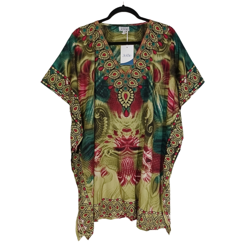 JOVIE Green Red Abstract Print V-Neck Kaftan Tunic Dress One Size NWT